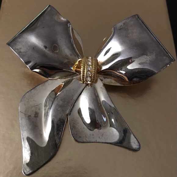 Vintage Silver Bow Gem Tie Brooch Pin - Picture 5 of 9